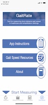App start screen with primary buttons for instruction, resources, and other information and tabs for the measurement screens